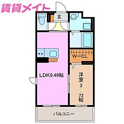 LUANA 3階1LDKの間取り