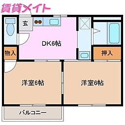 シャトル箕田 2DKの間取図画像