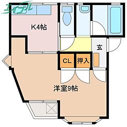 ハイムミヤザキ 3階1Kの間取り
