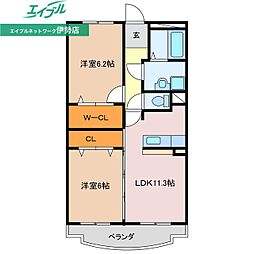 シャトーウエスト　Ｂ棟 2階2LDKの間取り