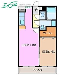 リバーサイドI 1階1LDKの間取り