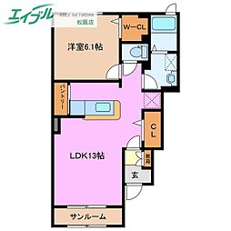 グリーンヴィラII 1階1LDKの間取り