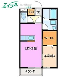 プランドール I　Ａ 2階1LDKの間取り