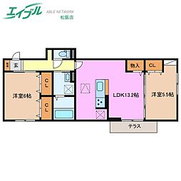 ディーシャンブル大黒田II 1階2LDKの間取り
