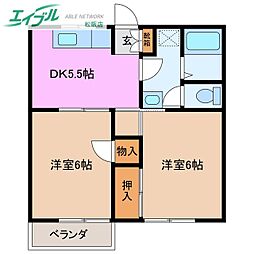 Ｂ．Ｂｒｉｄｇｅ　I棟 2階2DKの間取り