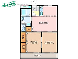 グランディス中央 3階2LDKの間取り