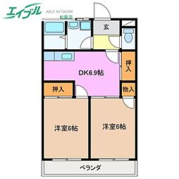 イトニックハイツ2 2DKの間取図画像