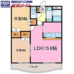 近鉄山田線 伊勢中川駅 徒歩4分の賃貸マンション 1階2LDKの間取り