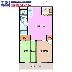 近鉄大阪線 川合高岡駅 徒歩10分の賃貸マンション 3階2LDKの間取り