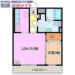 近鉄名古屋線 伊勢中川駅 徒歩2分の賃貸アパート 1階1LDKの間取り