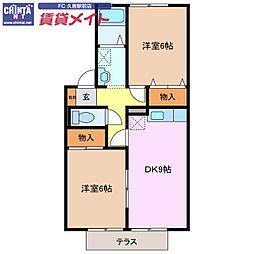 近鉄名古屋線 桃園駅 徒歩20分の賃貸アパート 1階2DKの間取り