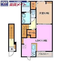 近鉄名古屋線 久居駅 徒歩22分の賃貸アパート 2階1LDKの間取り