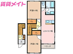 JR紀勢本線 六軒駅 徒歩19分の賃貸アパート 2階2LDKの間取り
