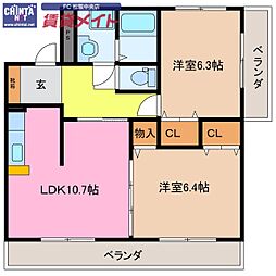 近鉄山田線 松阪駅 徒歩10分の賃貸マンション 1階2LDKの間取り