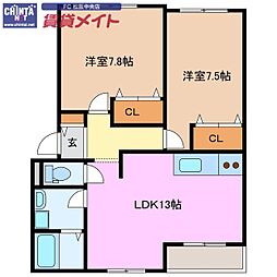 近鉄山田線 松阪駅 徒歩23分の賃貸アパート 2階2LDKの間取り