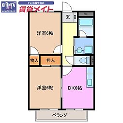 近鉄山田線 松ヶ崎駅 徒歩29分の賃貸アパート 2階2DKの間取り