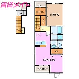近鉄山田線 斎宮駅 徒歩15分の賃貸アパート 2階1LDKの間取り