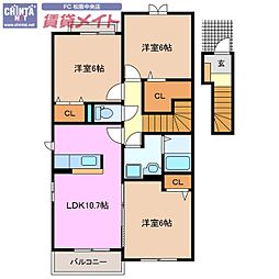 近鉄山田線 松阪駅 徒歩22分の賃貸アパート 2階3LDKの間取り