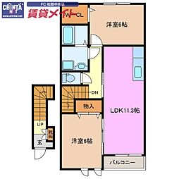 近鉄山田線 松阪駅 徒歩17分の賃貸アパート 2階2LDKの間取り
