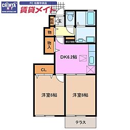 近鉄山田線 松ヶ崎駅 徒歩30分の賃貸アパート 1階2DKの間取り