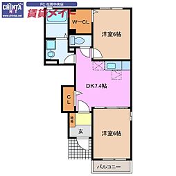 近鉄山田線 漕代駅 徒歩15分の賃貸アパート 1階2DKの間取り