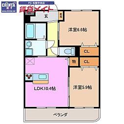 近鉄山田線 松ヶ崎駅 徒歩30分の賃貸マンション 3階2LDKの間取り