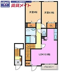 近鉄山田線 松阪駅 徒歩23分の賃貸アパート 2階2LDKの間取り