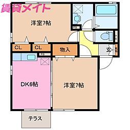 近鉄山田線 明野駅 徒歩28分の賃貸アパート 1階2DKの間取り