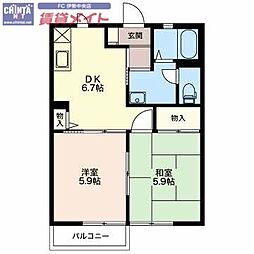 JR参宮線 五十鈴ケ丘駅 徒歩17分の賃貸アパート 1階2DKの間取り