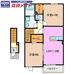 近鉄山田線 漕代駅 徒歩23分の賃貸アパート 2階2LDKの間取り