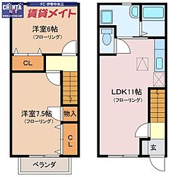 JR参宮線 五十鈴ケ丘駅 3.2kmの賃貸テラスハウス 1階2LDKの間取り