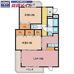 近鉄山田線 小俣駅 徒歩18分の賃貸マンション 2階2LDKの間取り