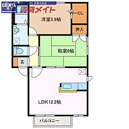 近鉄山田線 小俣駅 徒歩19分の賃貸アパート 1階2LDKの間取り