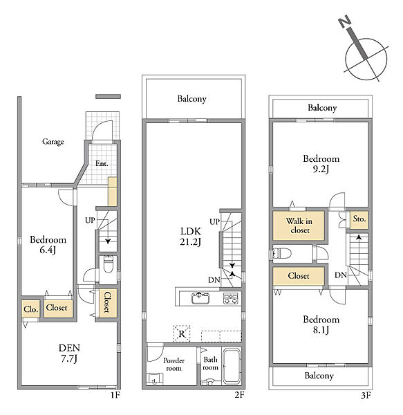 建築参考プラン例(間取り図)1号棟＊S＝納戸(サービスルーム)