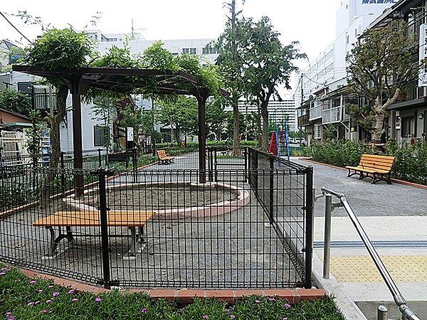 細長い長方形の敷地の公園で、ブランコ、スプリング遊具、すべり台などが設置されています。歴史がある公園ではありますが遊具はリニューアルされているので快適に利用できます。
