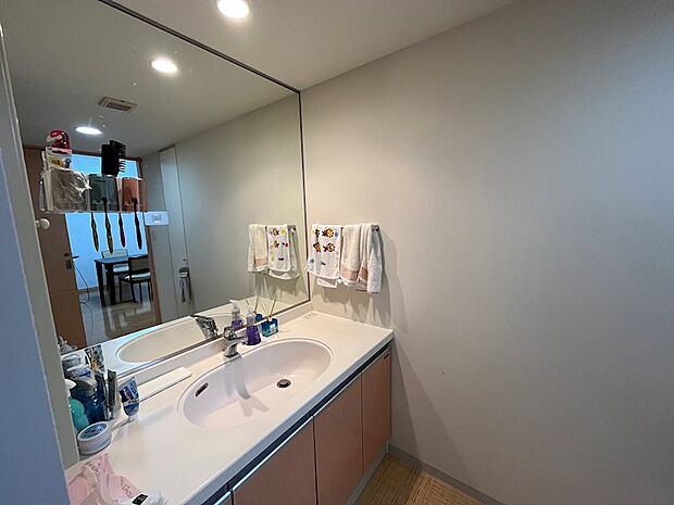 【洗面室】大鏡を設えた洗面化粧台を採用しております。