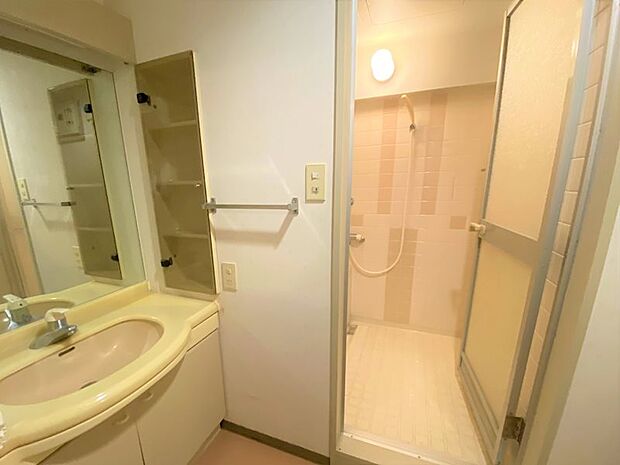【洗面所】コンパクトな収納スペースもあります。