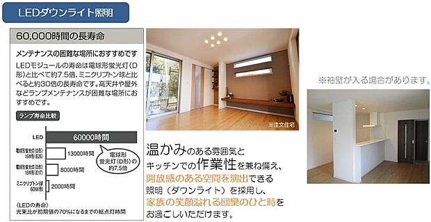 60、000時間の長寿命。広々とした大空間を演出したダイニングキッチンにはダウンライト照明を採用し、空間全体がすっきりした印象となっています。
