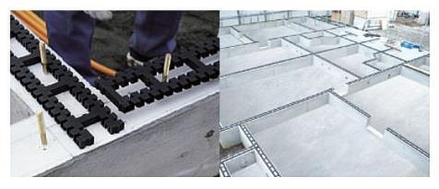 基礎と土台を絶縁することで、腐朽菌や、シロアリの被害を未然に防ぎ、建物の耐久性や建材の持つ性能を十分に発揮させます。キソパッキンロングを通して、基礎全周から床下内へ自然の風を送り込みます。