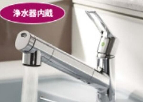 【浄水器一体型混合水栓】 一つの蛇口で「原水（水道水）」「シャワー」「浄水」を切り替えられる、浄水器を内蔵した混合水栓です。浄水は、水栓本体の首部分に付属のカートリッジをセットして使用します。
