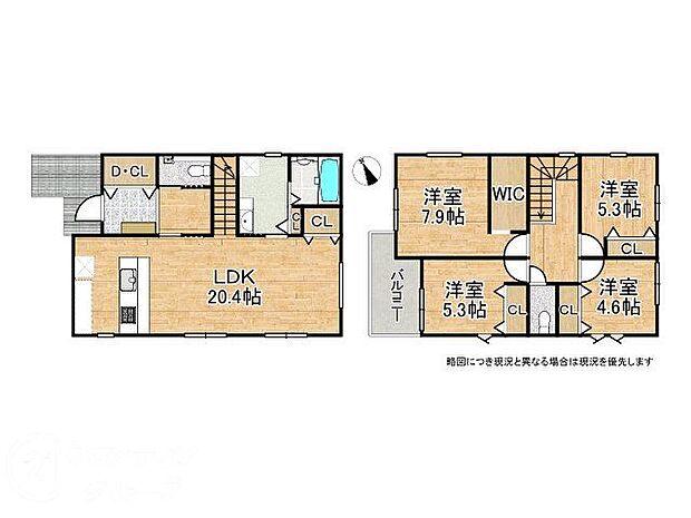 20帖超のひろびろLDKが魅力の4LDKの間取りです。
