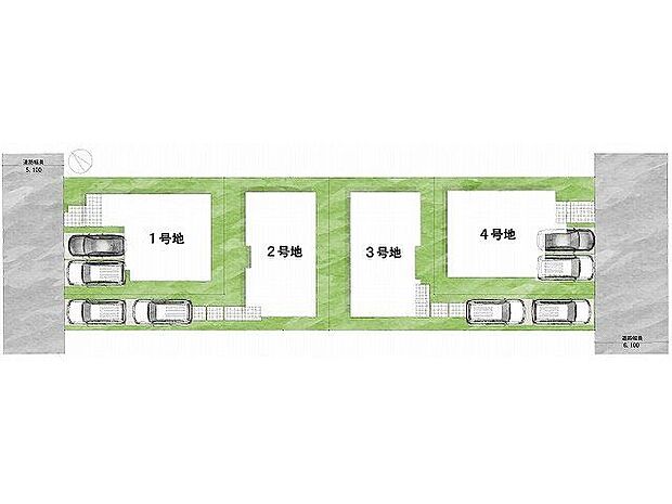 【区画図】2号地道路:北西向き・幅員5.1m土地面積:152.05平米