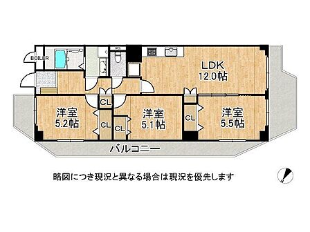 バルコニーが広々していて開放感がある3LDKの間取りです