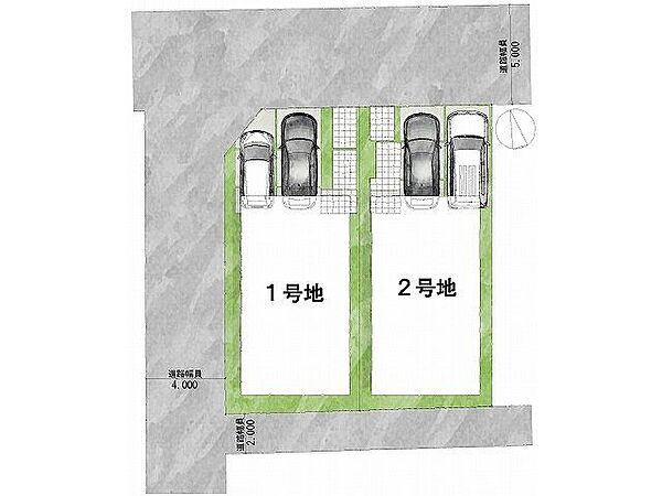【区画図】1号地道路：北向き・幅員5m土地面積：101.38平米