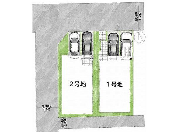 【区画図】2号地道路：北向き・幅員5m　西向き・幅員4ｍ　南向き・幅員2ｍ土地面積：101.38平米