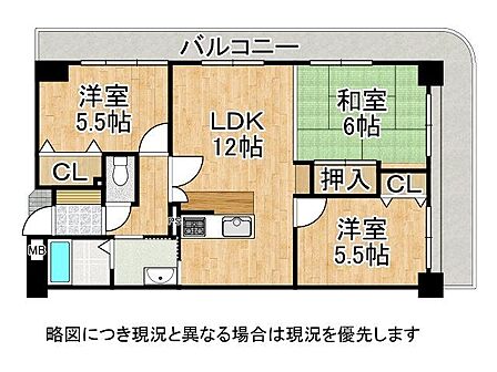 全居室にバルコニーが面していて、陽当たり・通風良好な3LDKの間取りです