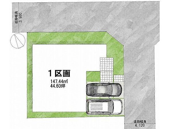 【区画図】1号地道路：東向き土地面積：148平米