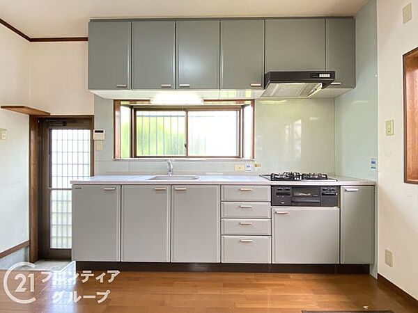 清潔感のある白を基調としたシステムキッチンは収納力も高く整理整頓が捗ります　勝手口からの採光も確保されており、明るい空間でお料理を楽しみながら家族の様子も見守れる安心のデザインです