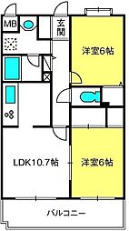 ディアコート弐番館 2階2LDKの間取り