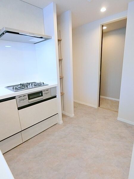 キッチン横にはちょっとした物を収納できる棚があり便利な仕様です！